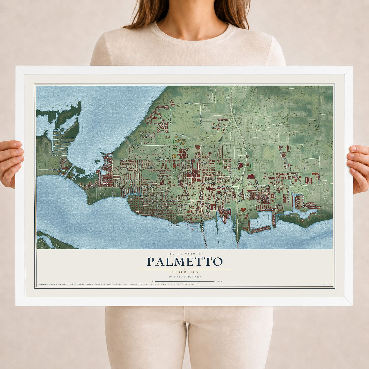 Palmetto, Florida map print, 18" x 24" W/ White Ayous Wood Frame mockup