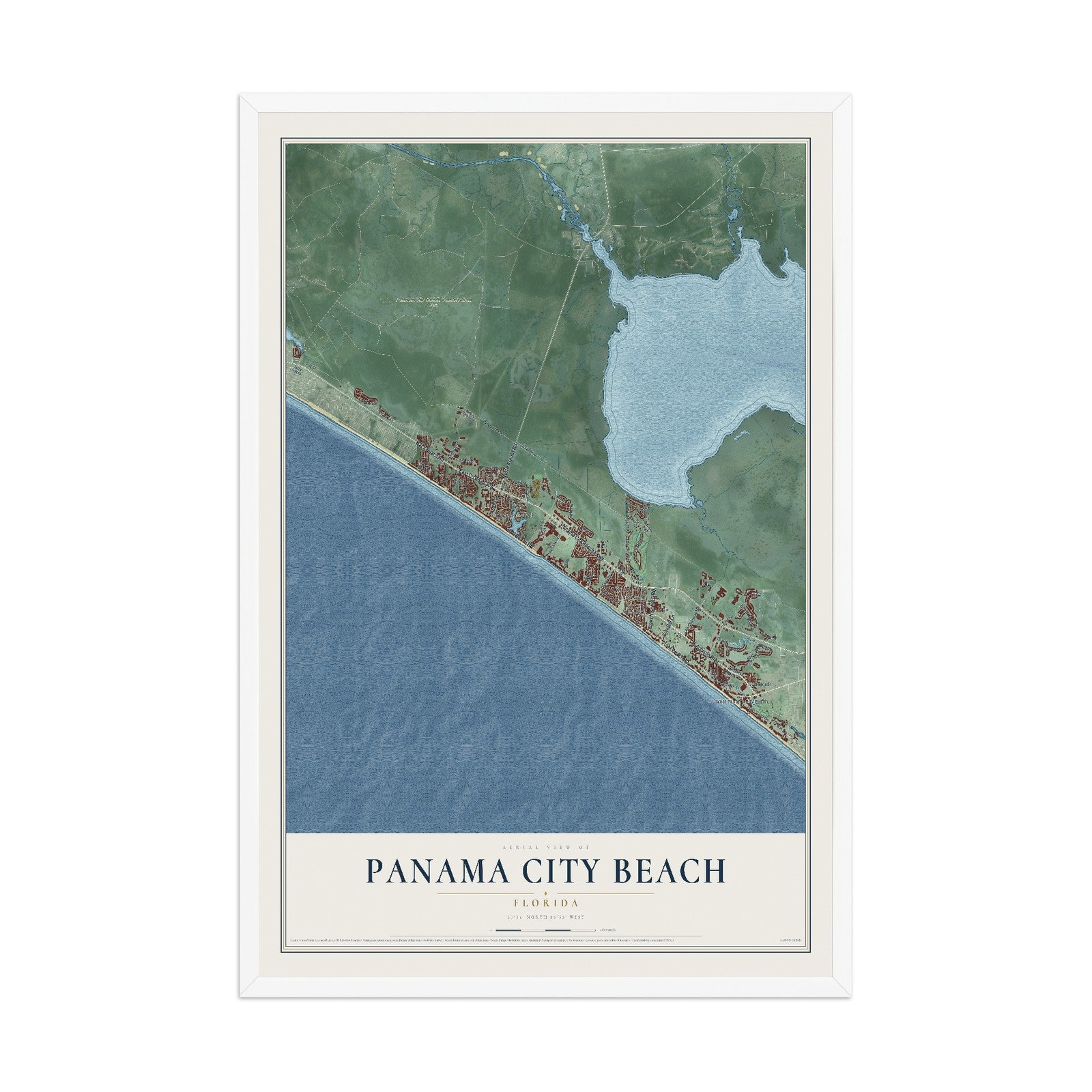Panama City Beach, Florida map print, 12" x 18" W/ White Ayous Wood Frame mockup