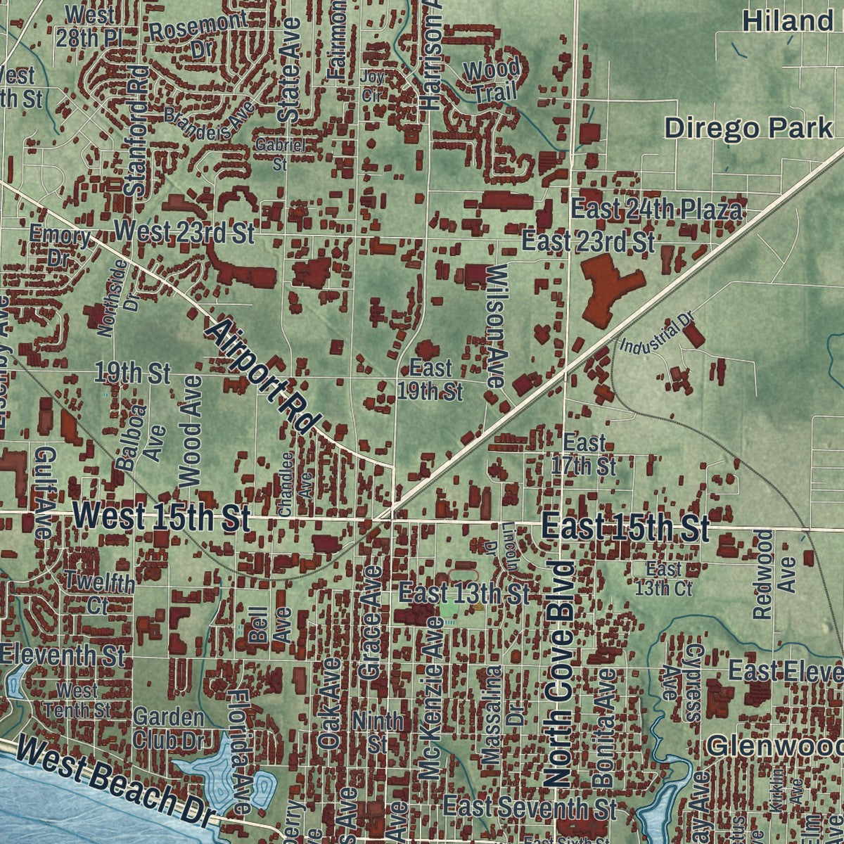 Close-up 1 of the Panama City, Florida map artwork