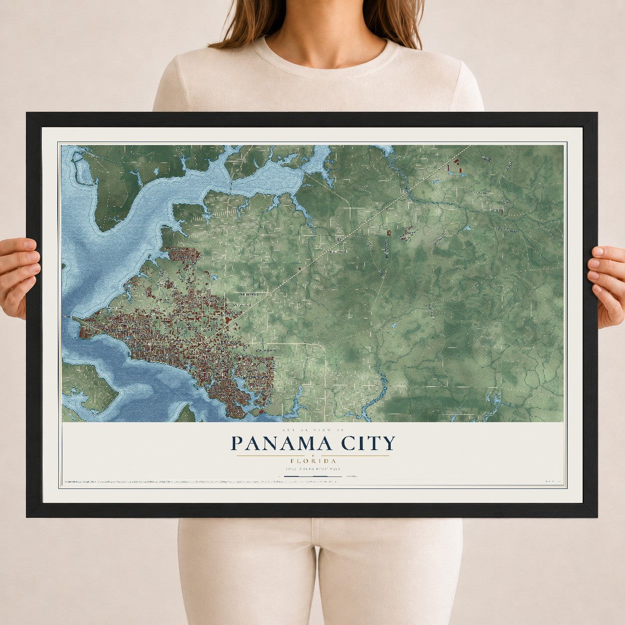 Panama City, Florida map print, 18" x 24" W/ Black Ayous Wood Frame mockup