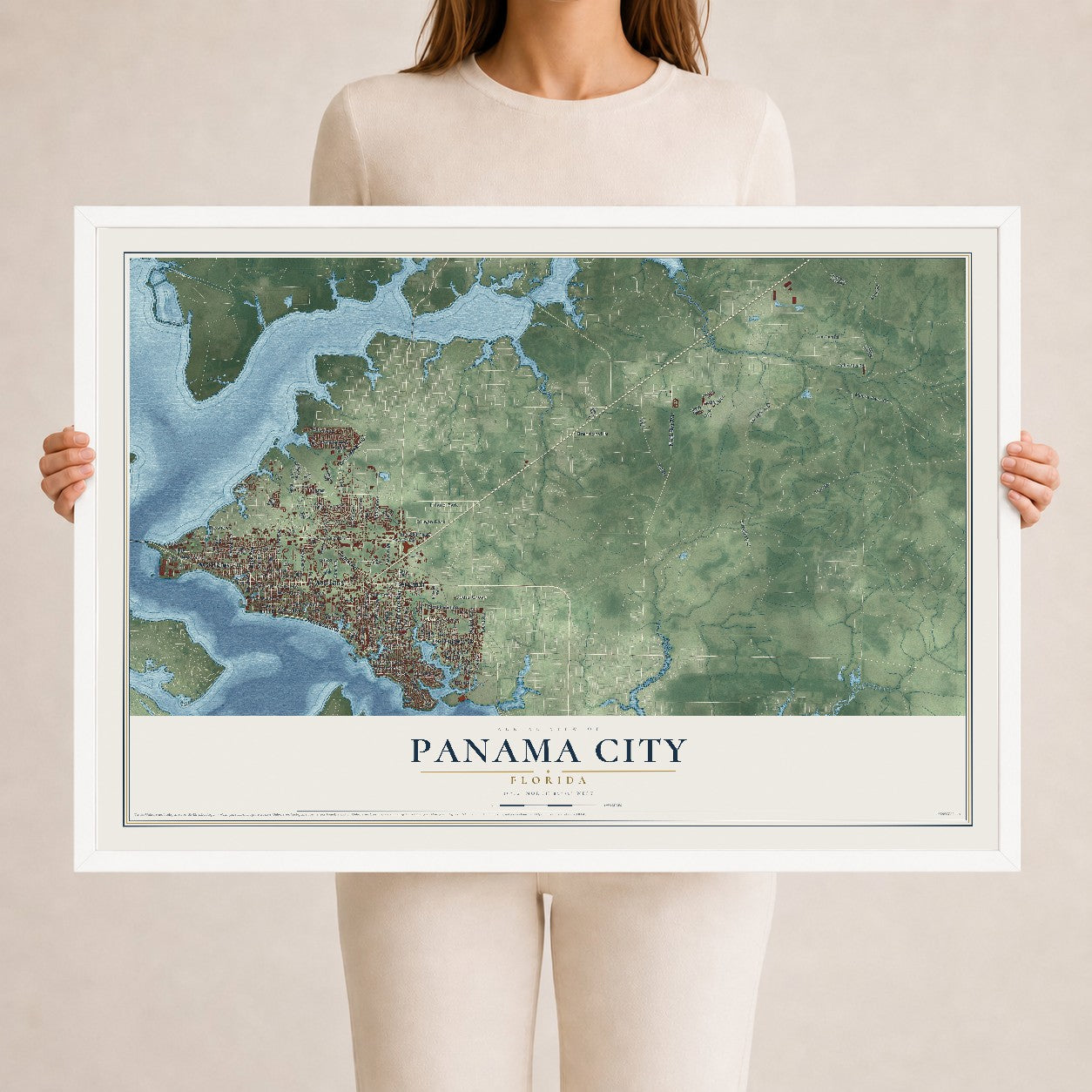 Panama City, Florida map print, 24" x 36" W/ White Ayous Wood Frame mockup