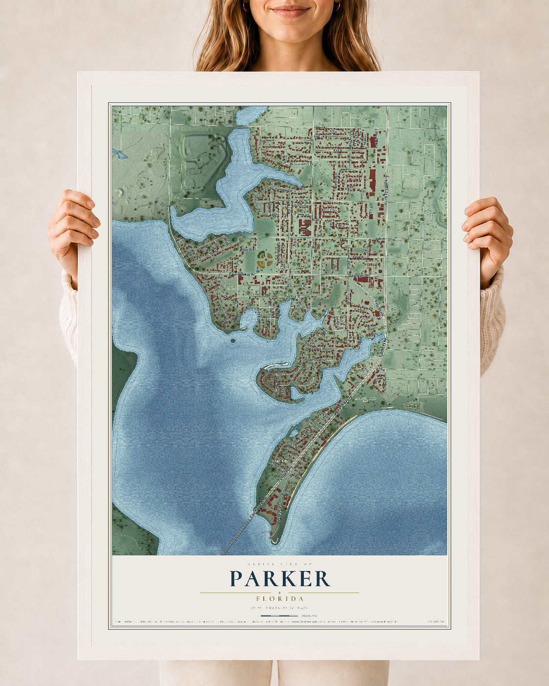 Parker, Florida map print, 24" x 36" W/ White Ayous Wood Frame mockup