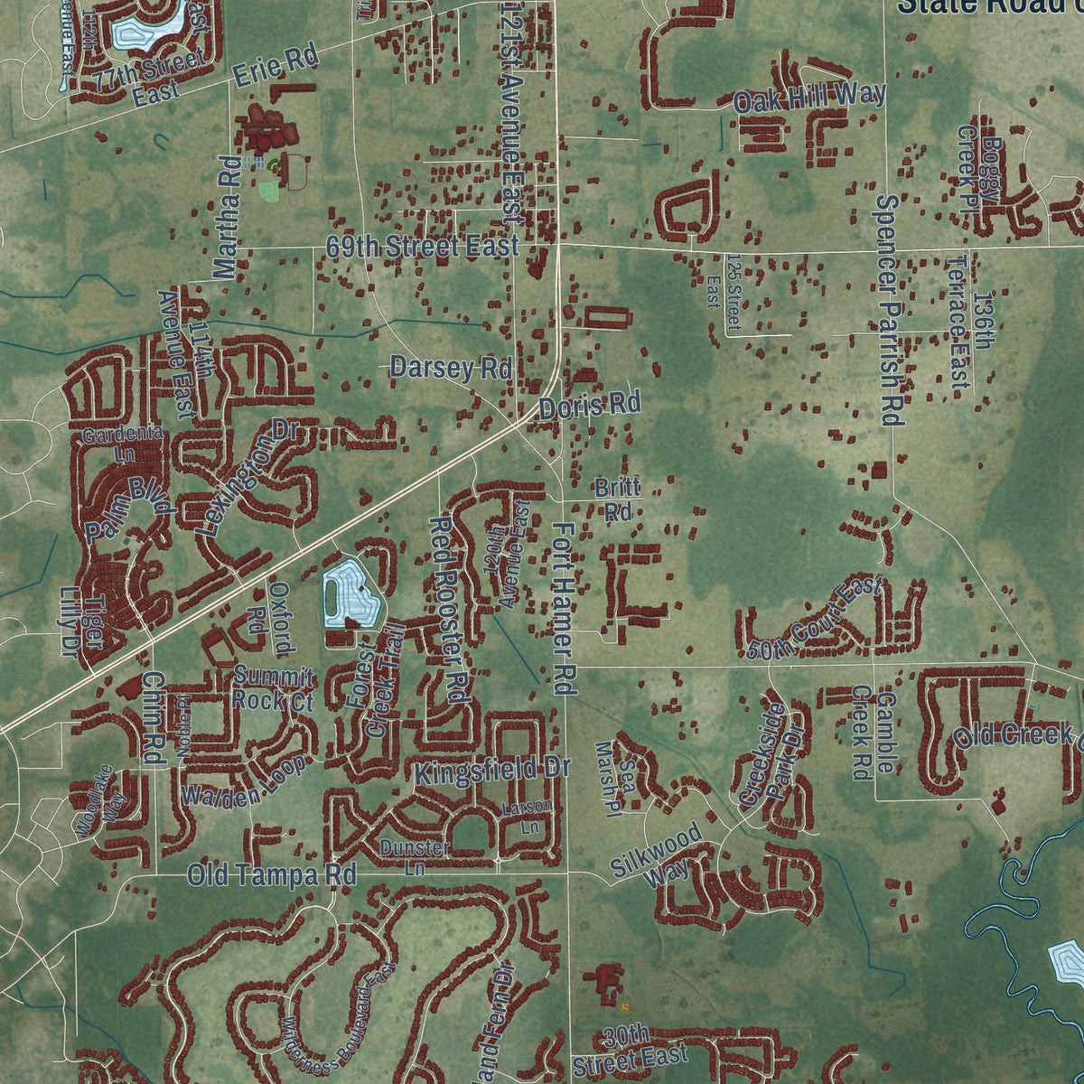 Close-up of the map of Parrish, Florida print showing street and building detail