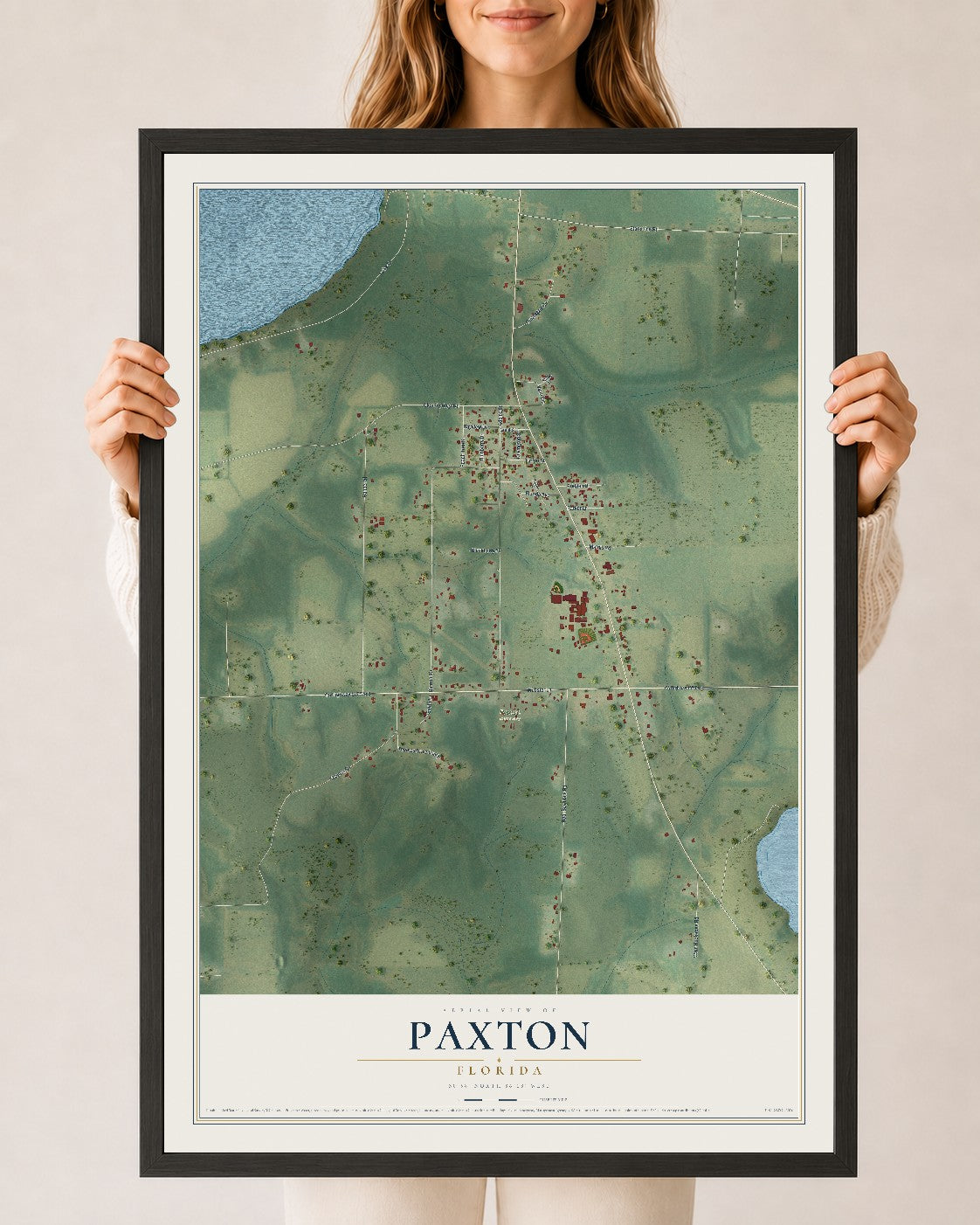 Paxton, Florida map print, 24" x 36" W/ Black Ayous Wood Frame mockup