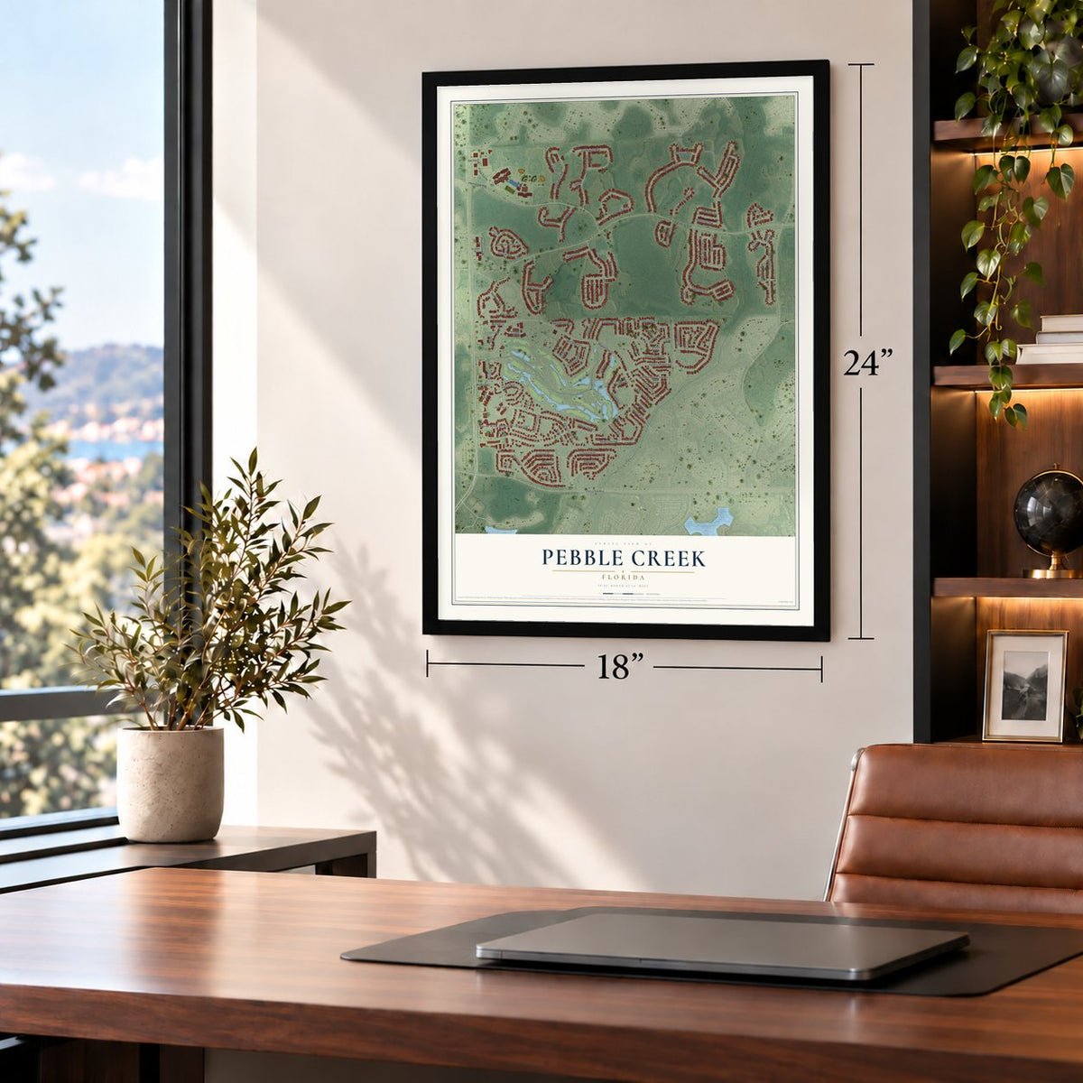 Pebble Creek, Florida map, 18 x 24 inch print in a black frame in a home office