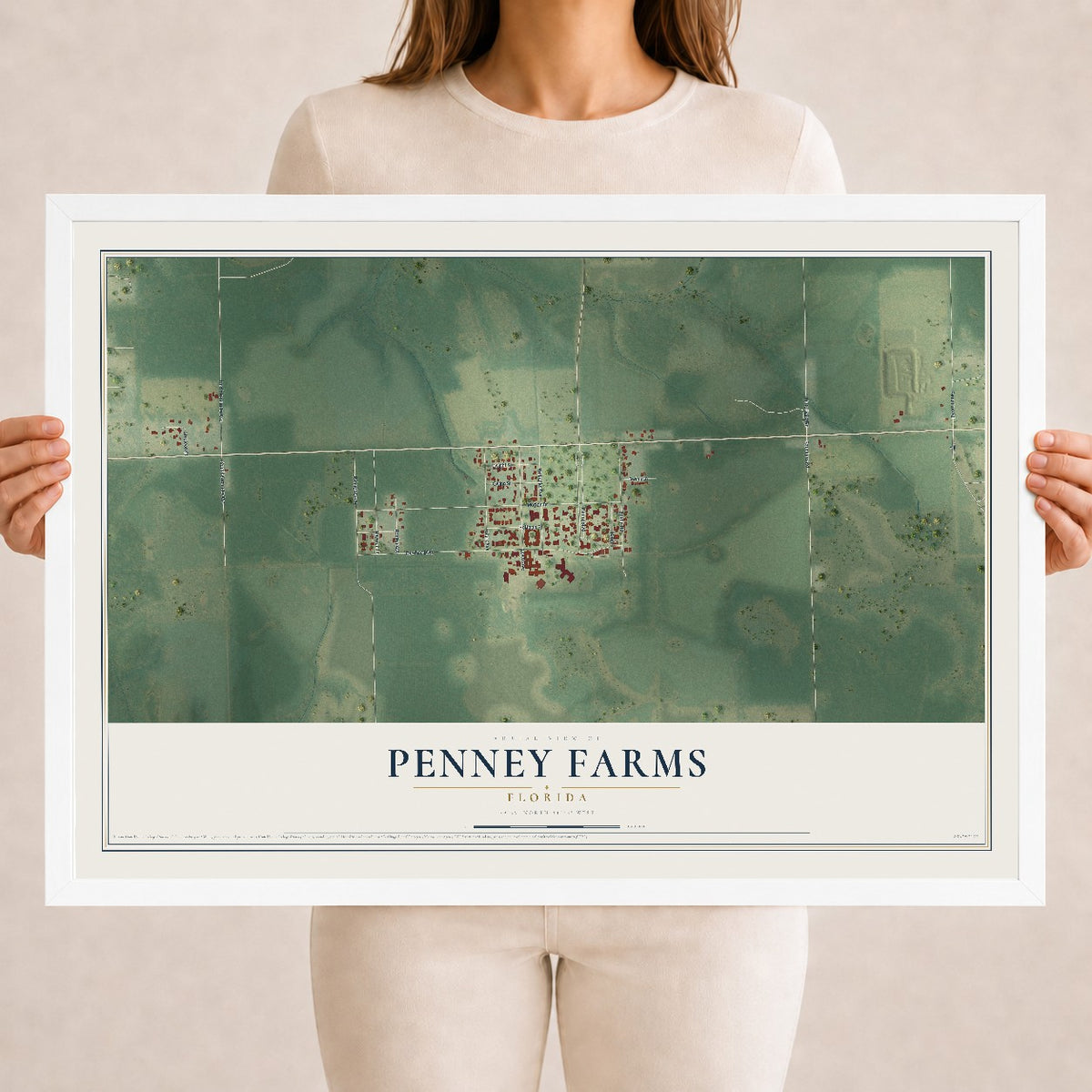 Penney Farms, Florida map print, 18" x 24" W/ White Ayous Wood Frame mockup