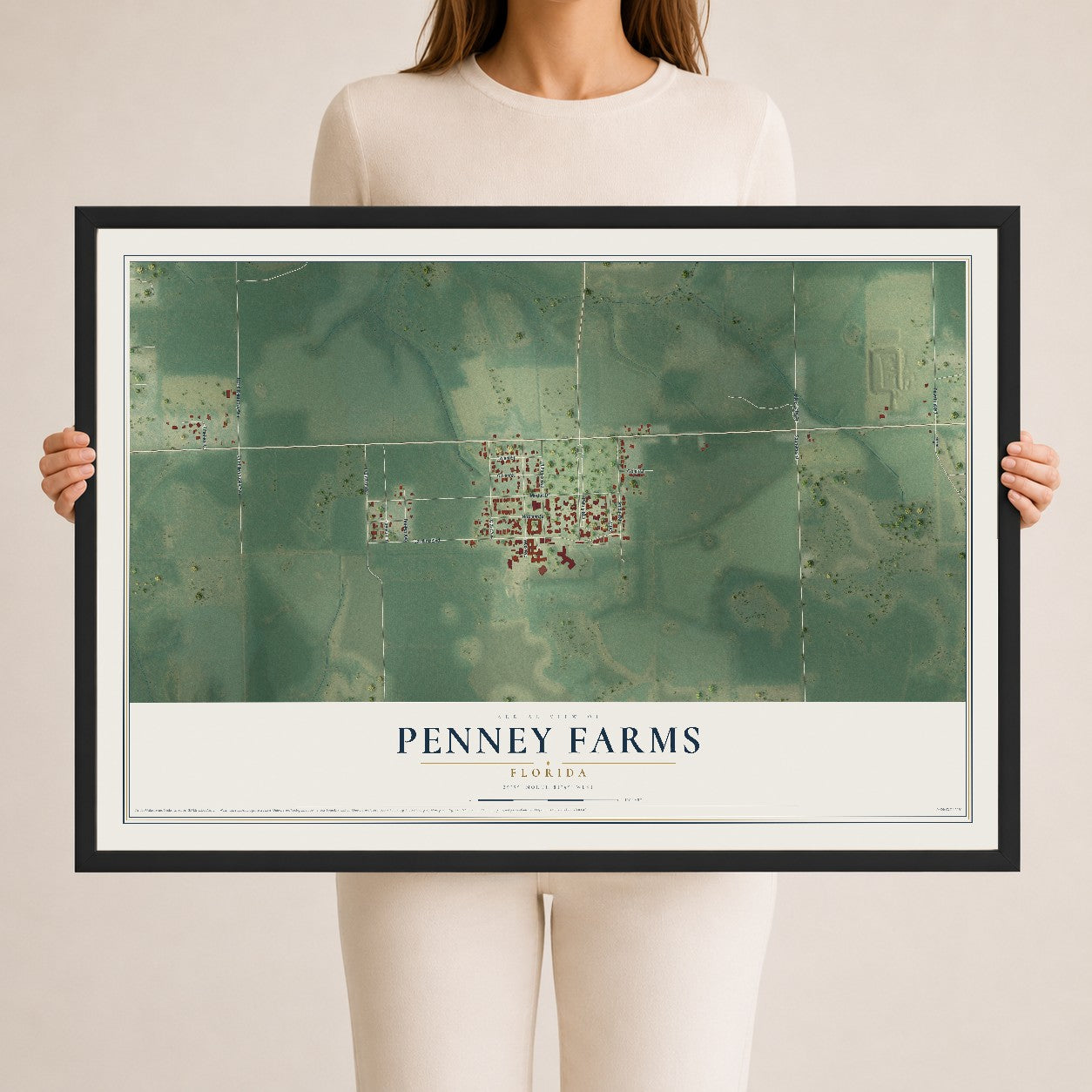 Penney Farms, Florida map print, 24" x 36" W/ Black Ayous Wood Frame mockup