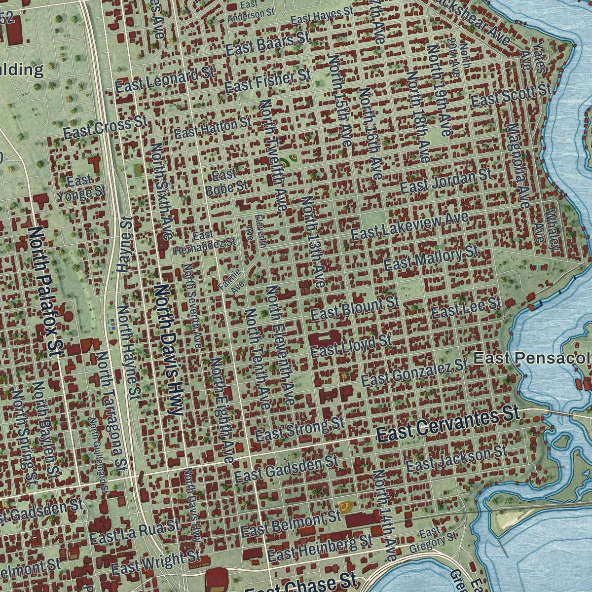 Close-up 1 of the Pensacola, Florida map artwork