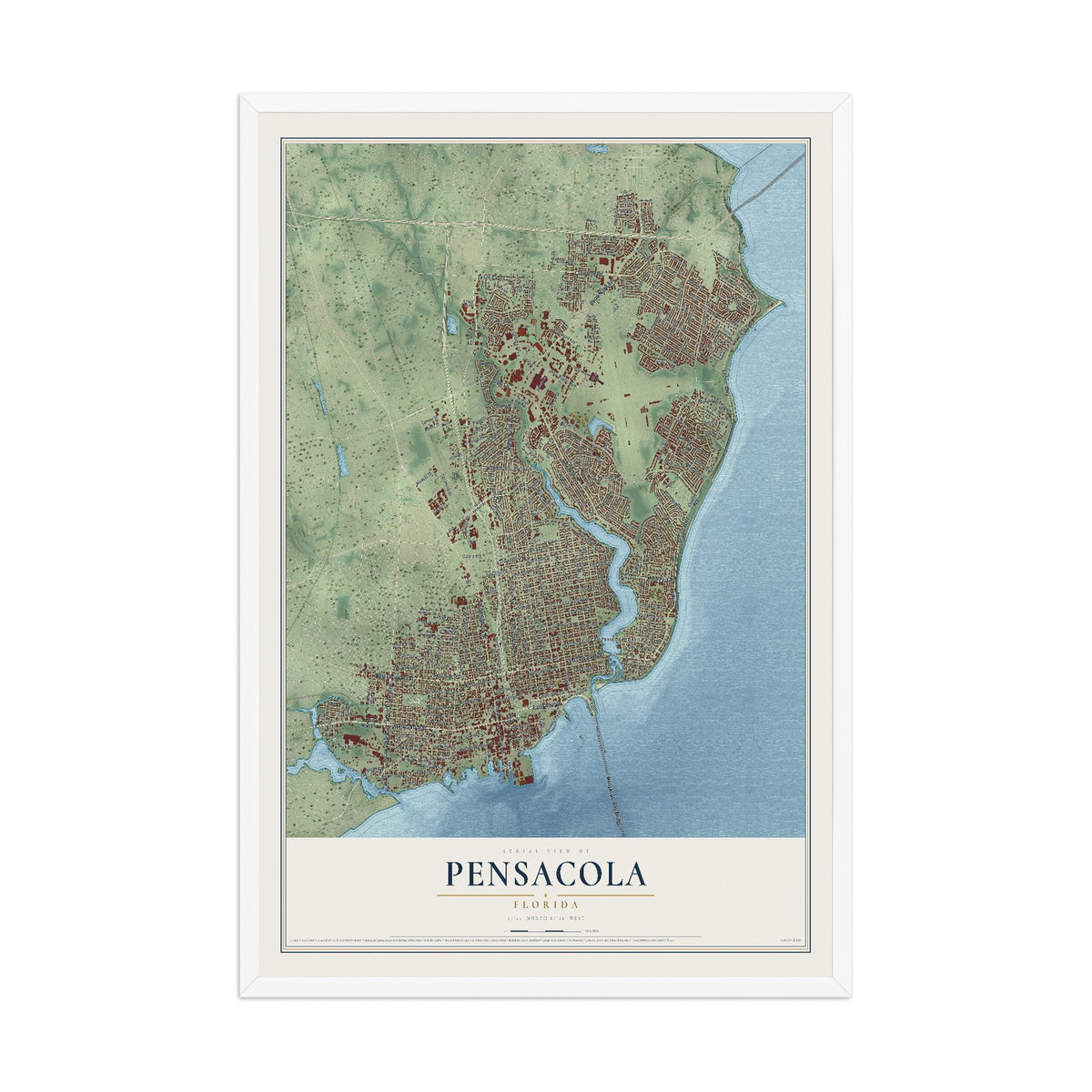 Pensacola, Florida map print, 12" x 18" W/ White Ayous Wood Frame mockup