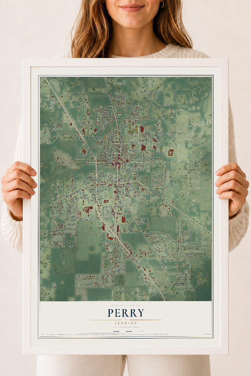 Perry, Florida map print, 18" x 24" W/ White Ayous Wood Frame mockup
