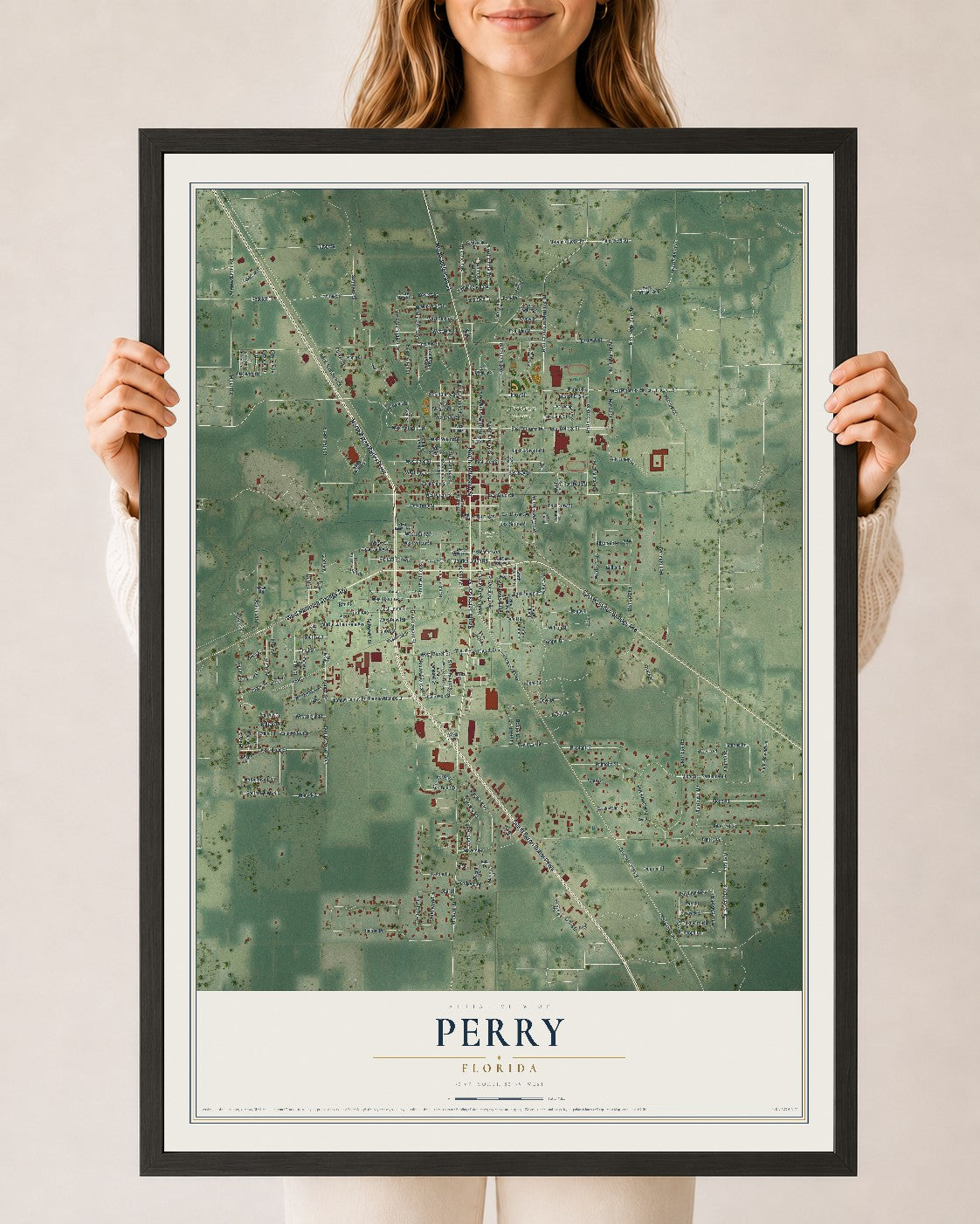 Perry, Florida map print, 24" x 36" W/ Black Ayous Wood Frame mockup