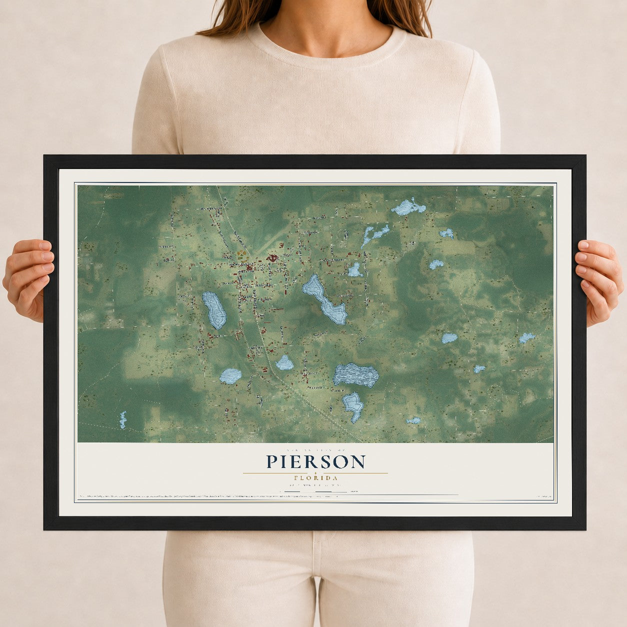Pierson, Florida map print, 12" x 18" W/ Black Ayous Wood Frame mockup