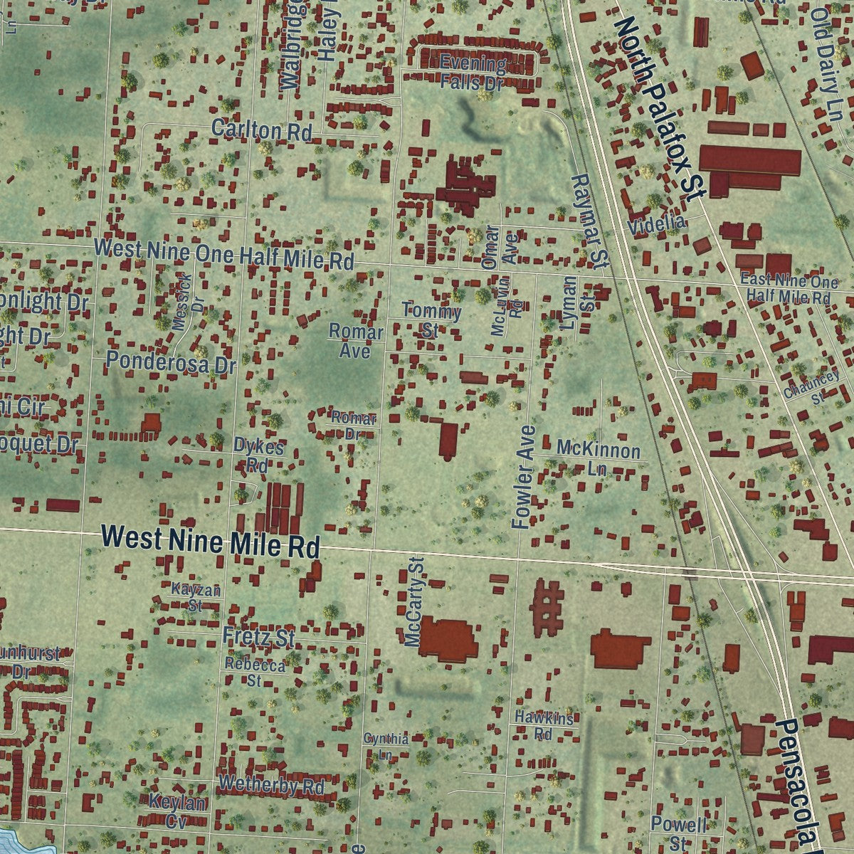 Close-up of the map of Pine Forest, Florida print showing street and building detail