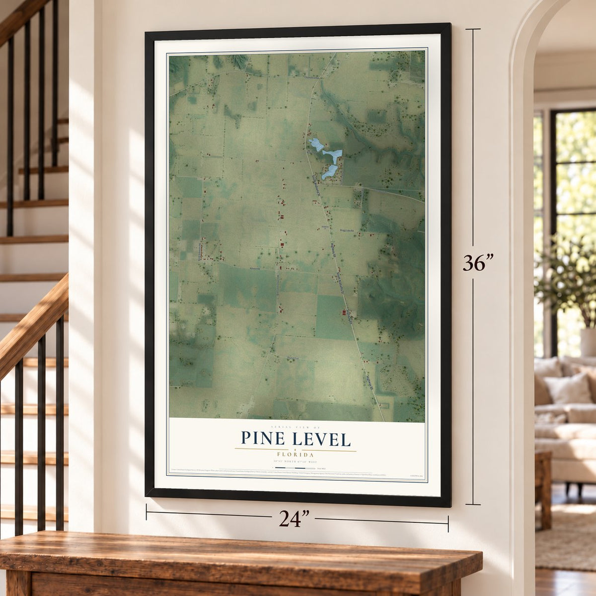 Pine Level, Florida map, 24 x 36 inch print in a black frame by a staircase