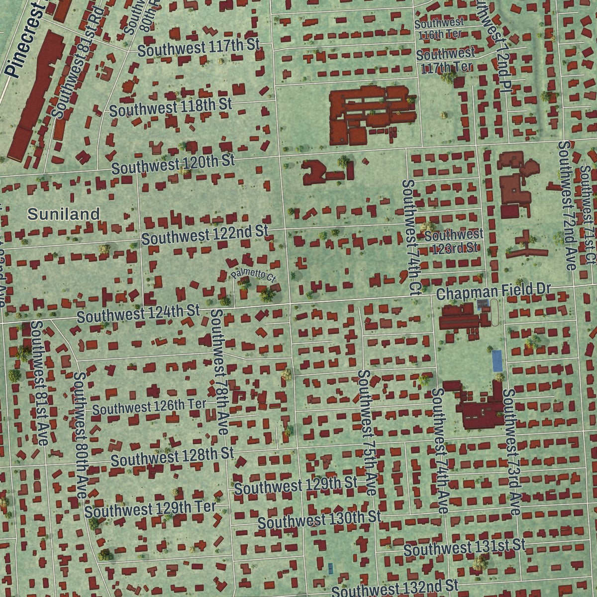 Close-up 2 of the Pinecrest, Florida map artwork