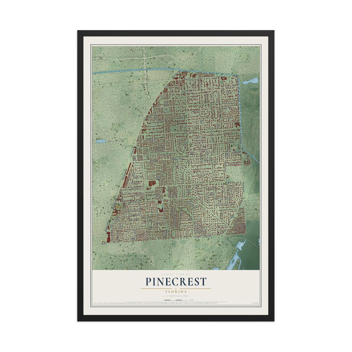 Pinecrest, Florida map print, 12" x 18" W/ Black Ayous Wood Frame mockup