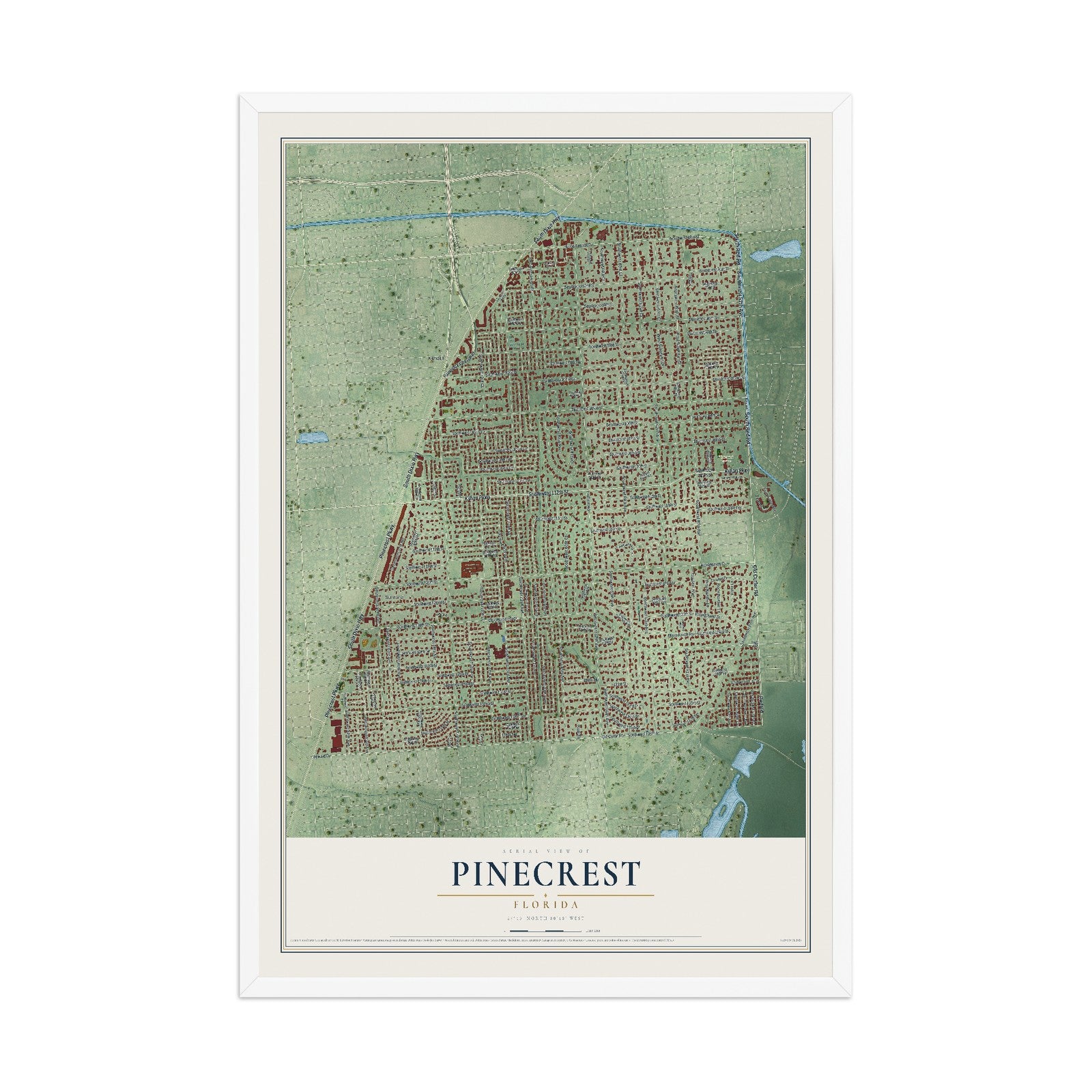 Pinecrest, Florida map print, 12" x 18" W/ White Ayous Wood Frame mockup