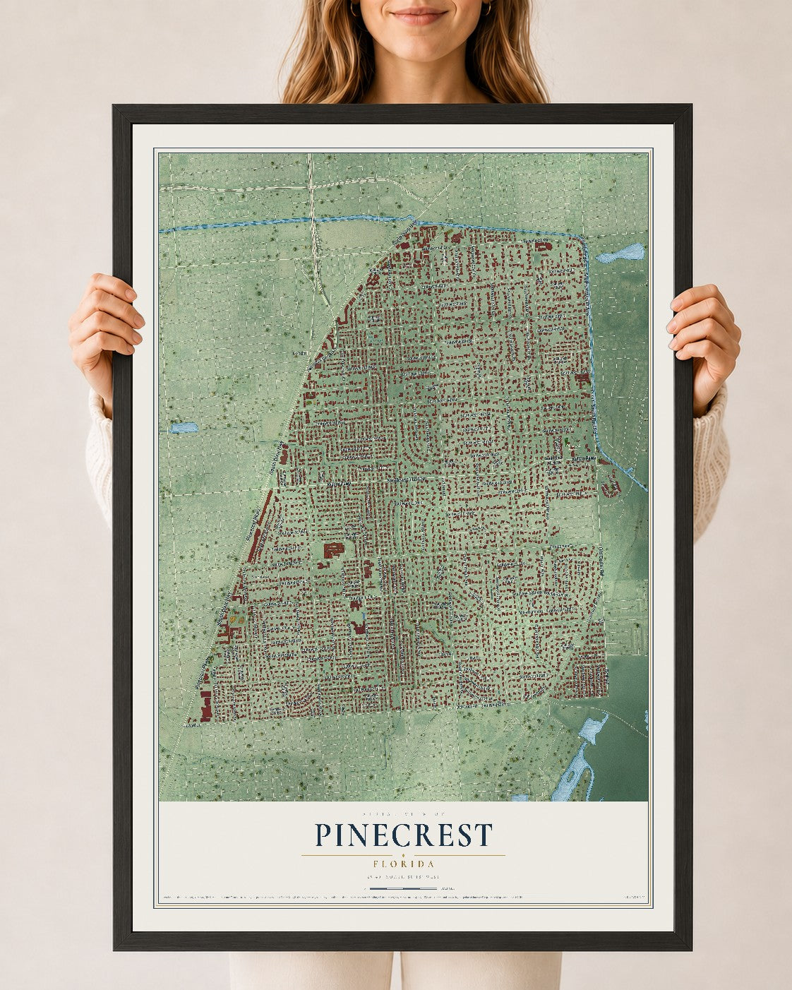 Pinecrest, Florida map print, 24" x 36" W/ Black Ayous Wood Frame mockup