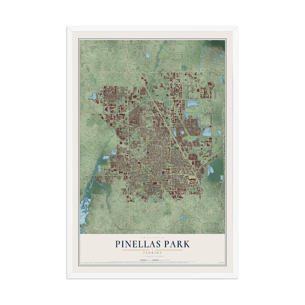 Pinellas Park, Florida map print, 12" x 18" W/ White Ayous Wood Frame mockup