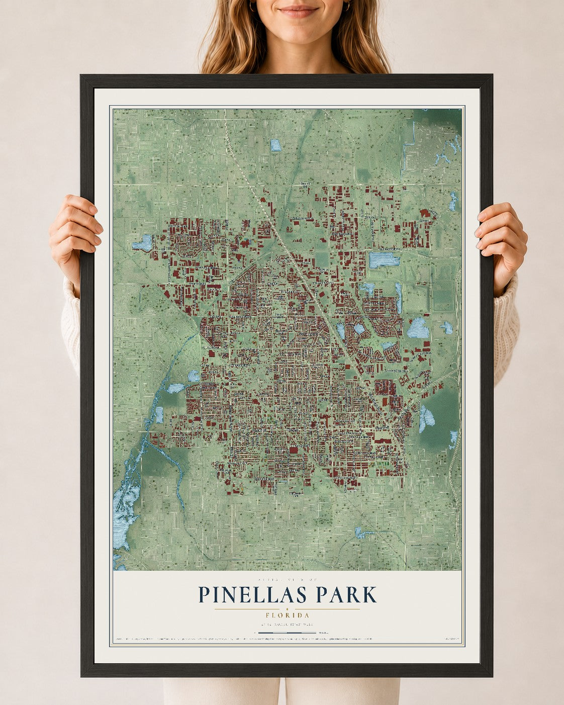 Pinellas Park, Florida map print, 24" x 36" W/ Black Ayous Wood Frame mockup