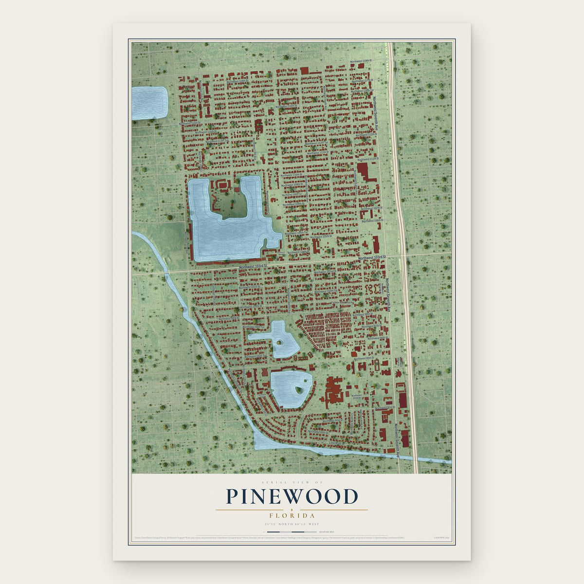 Pinewood, Florida map print, the full design