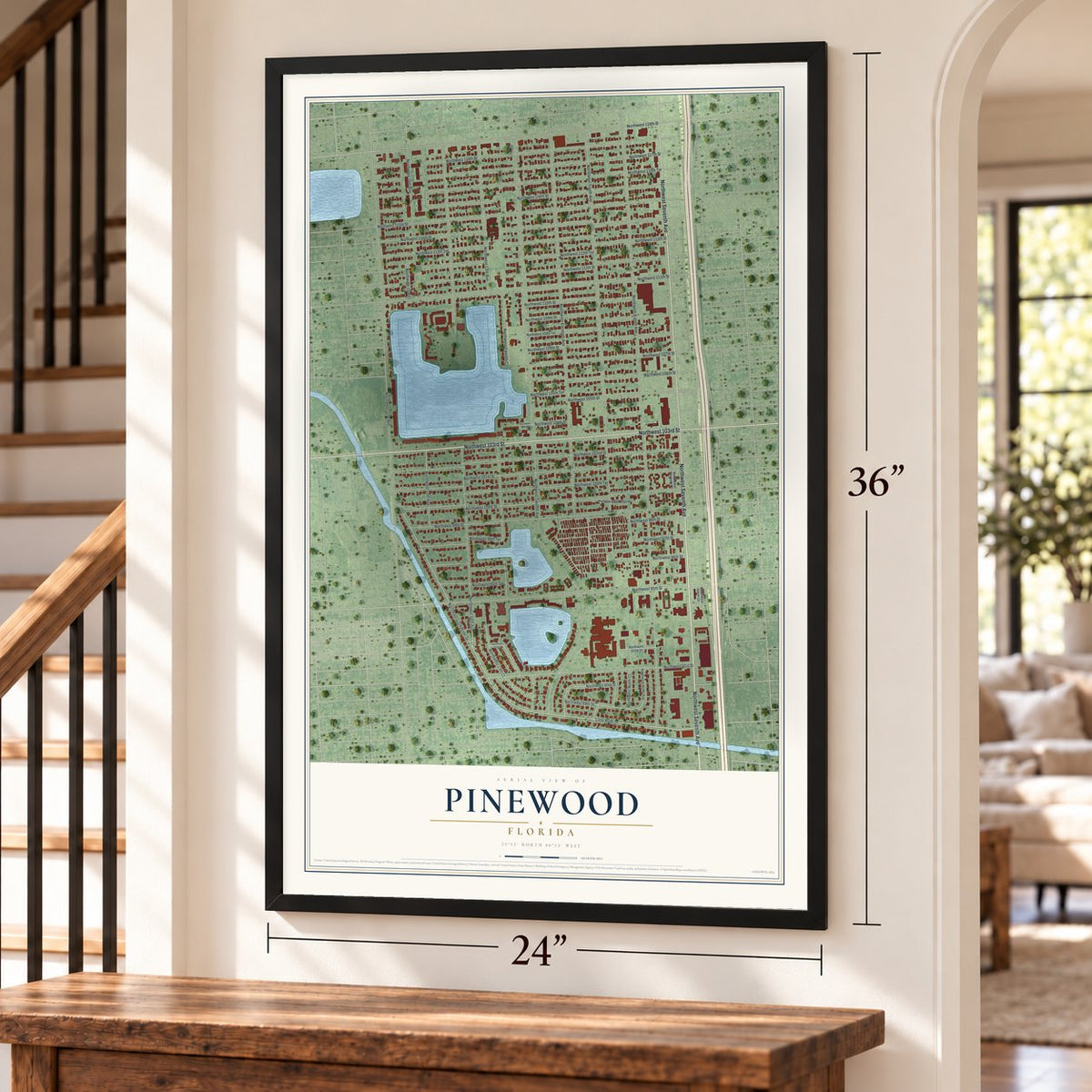 Pinewood, Florida map, 24 x 36 inch print in a black frame by a staircase