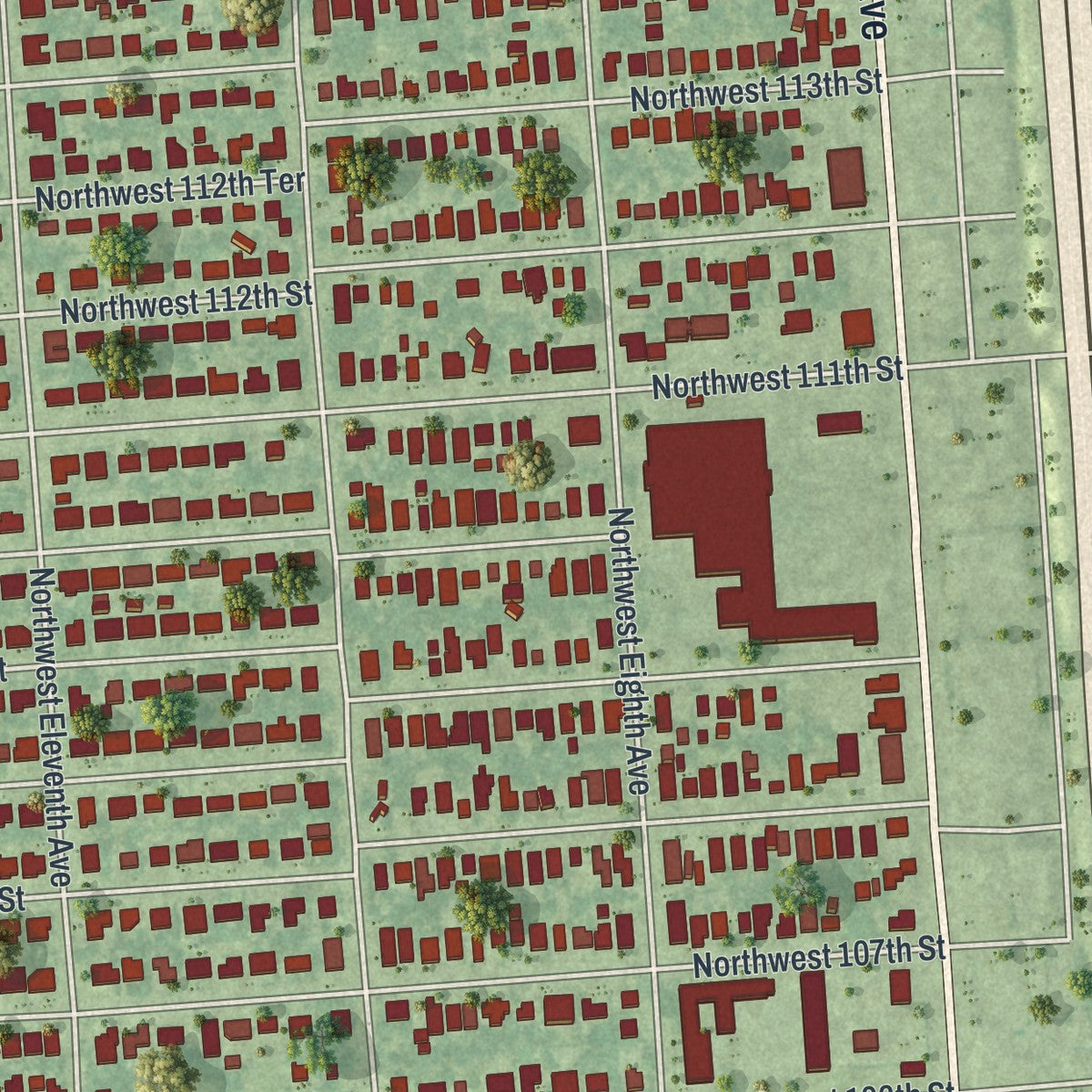 Close-up of the map of Pinewood, Florida print showing street and building detail