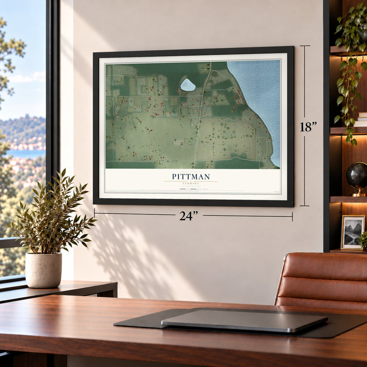 Pittman, Florida map, 18 x 24 inch print in a black frame in a home office