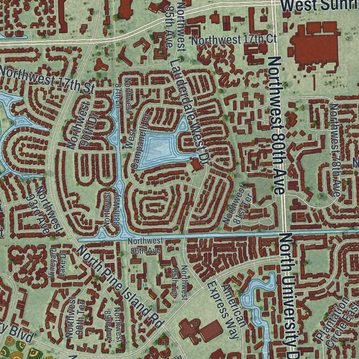 Close-up 1 of the Plantation, Florida map artwork