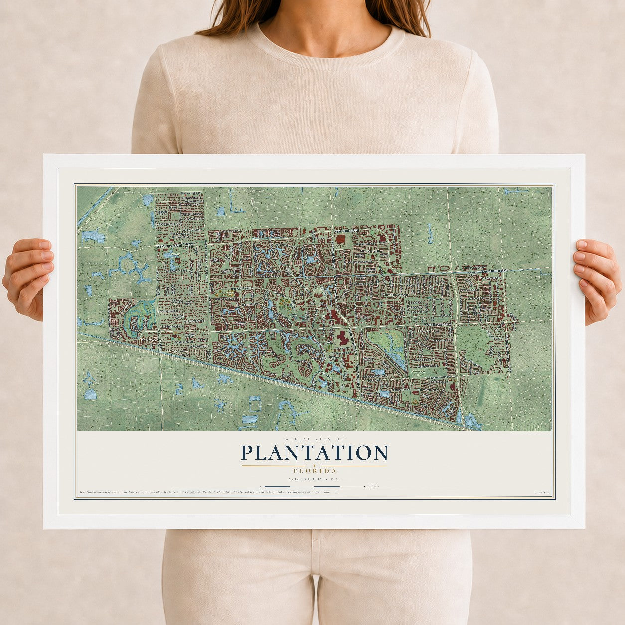 Plantation, Florida map print, 12" x 18" W/ White Ayous Wood Frame mockup