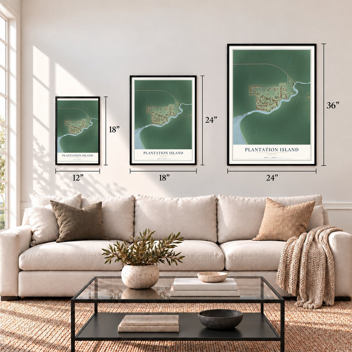 Plantation Island, Florida map in 12 x 18, 18 x 24 and 24 x 36 inch sizes above a sofa