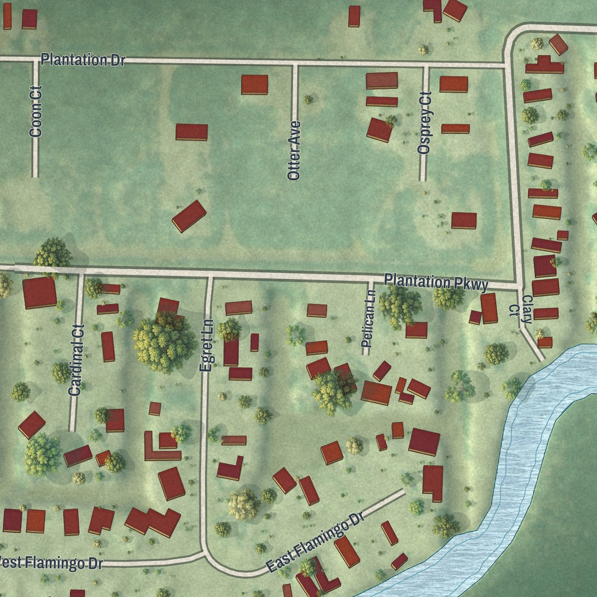 Close-up of the map of Plantation Island, Florida print showing street and building detail