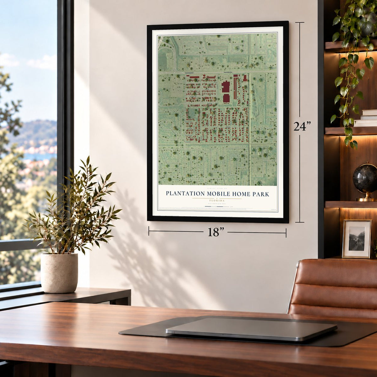 Plantation Mobile Home Park, Florida map, 18 x 24 inch print in a black frame in a home office