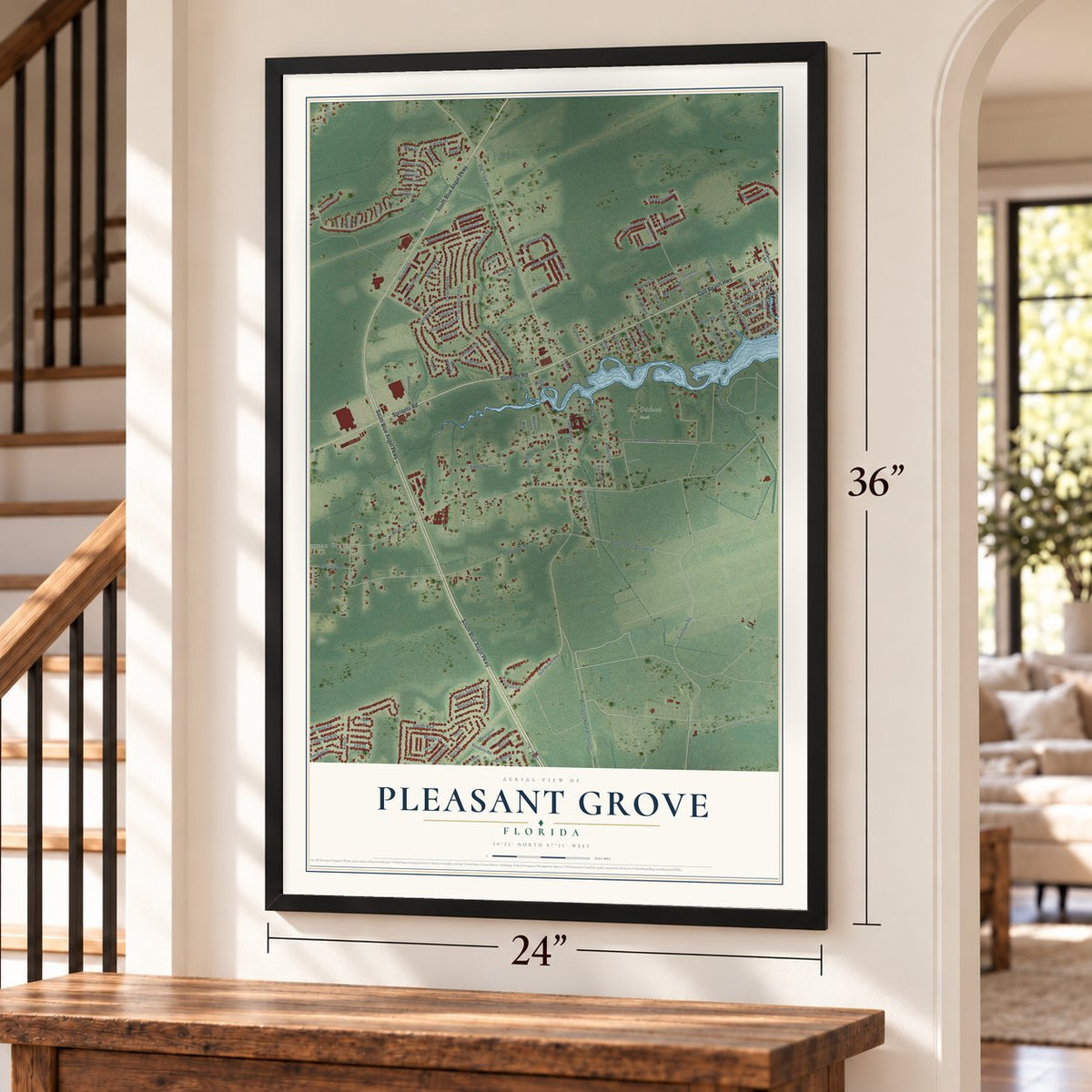 Pleasant Grove, Florida map, 24 x 36 inch print in a black frame by a staircase