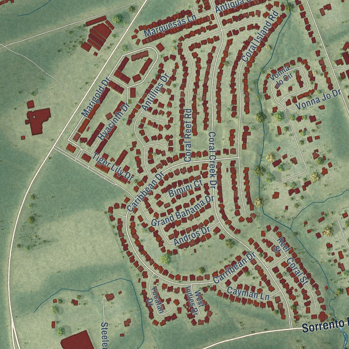 Close-up of the map of Pleasant Grove, Florida print showing street and building detail