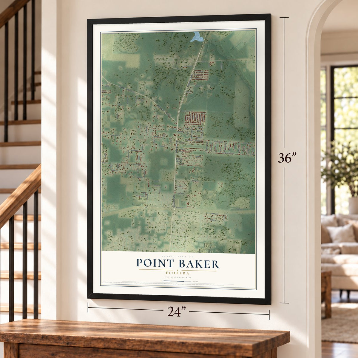 Point Baker, Florida map, 24 x 36 inch print in a black frame by a staircase