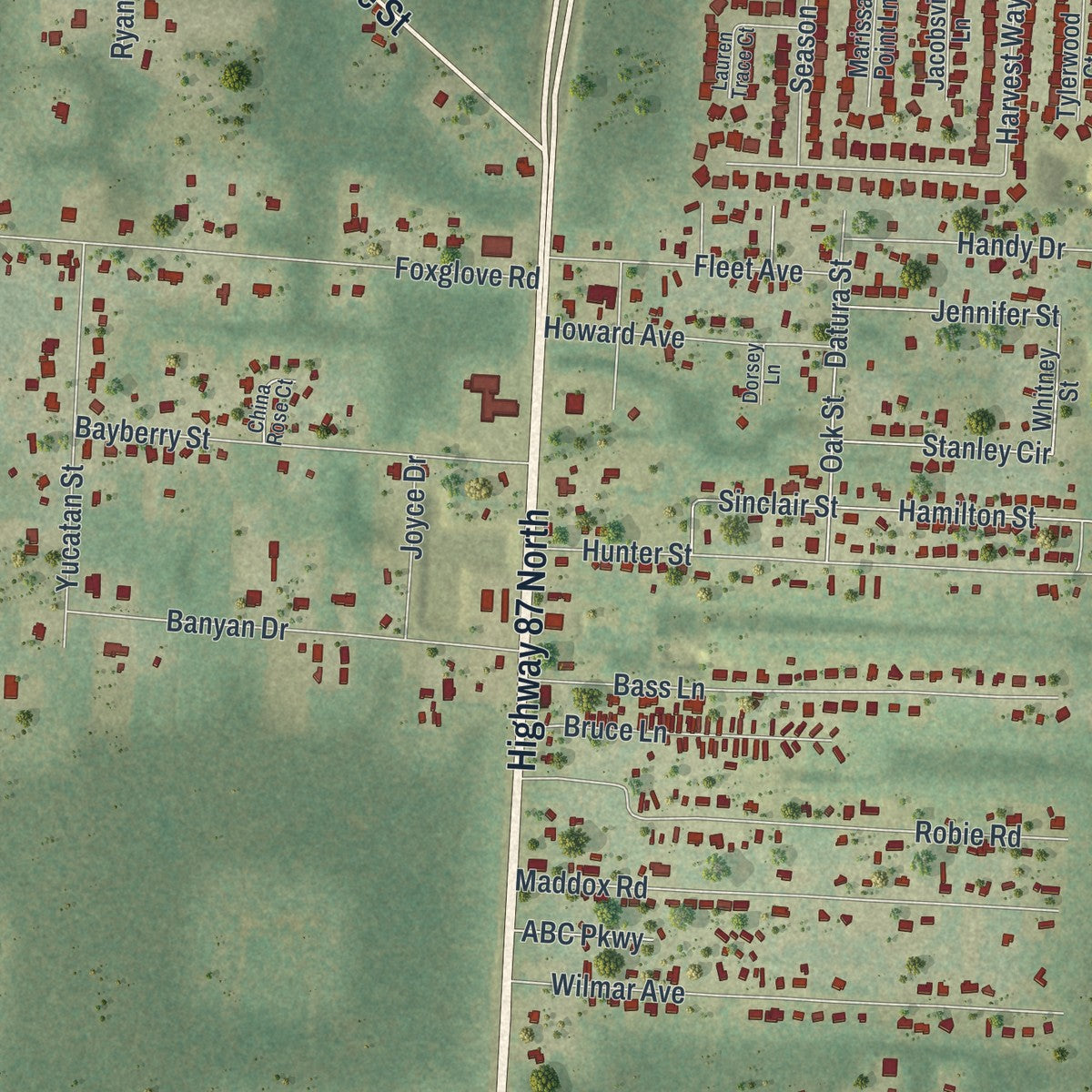 Close-up of the map of Point Baker, Florida print showing street and building detail