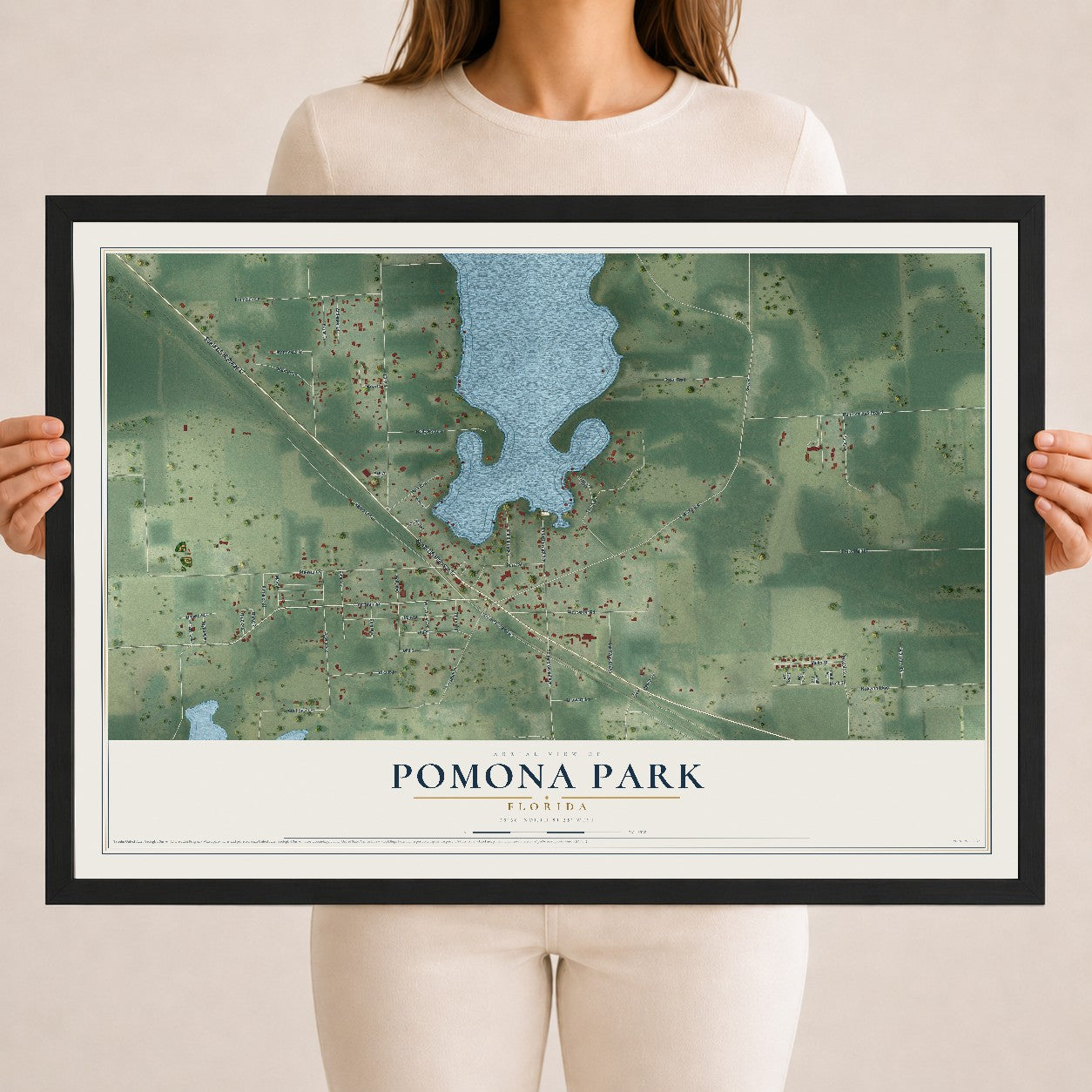 Pomona Park, Florida map print, 18" x 24" W/ Black Ayous Wood Frame mockup
