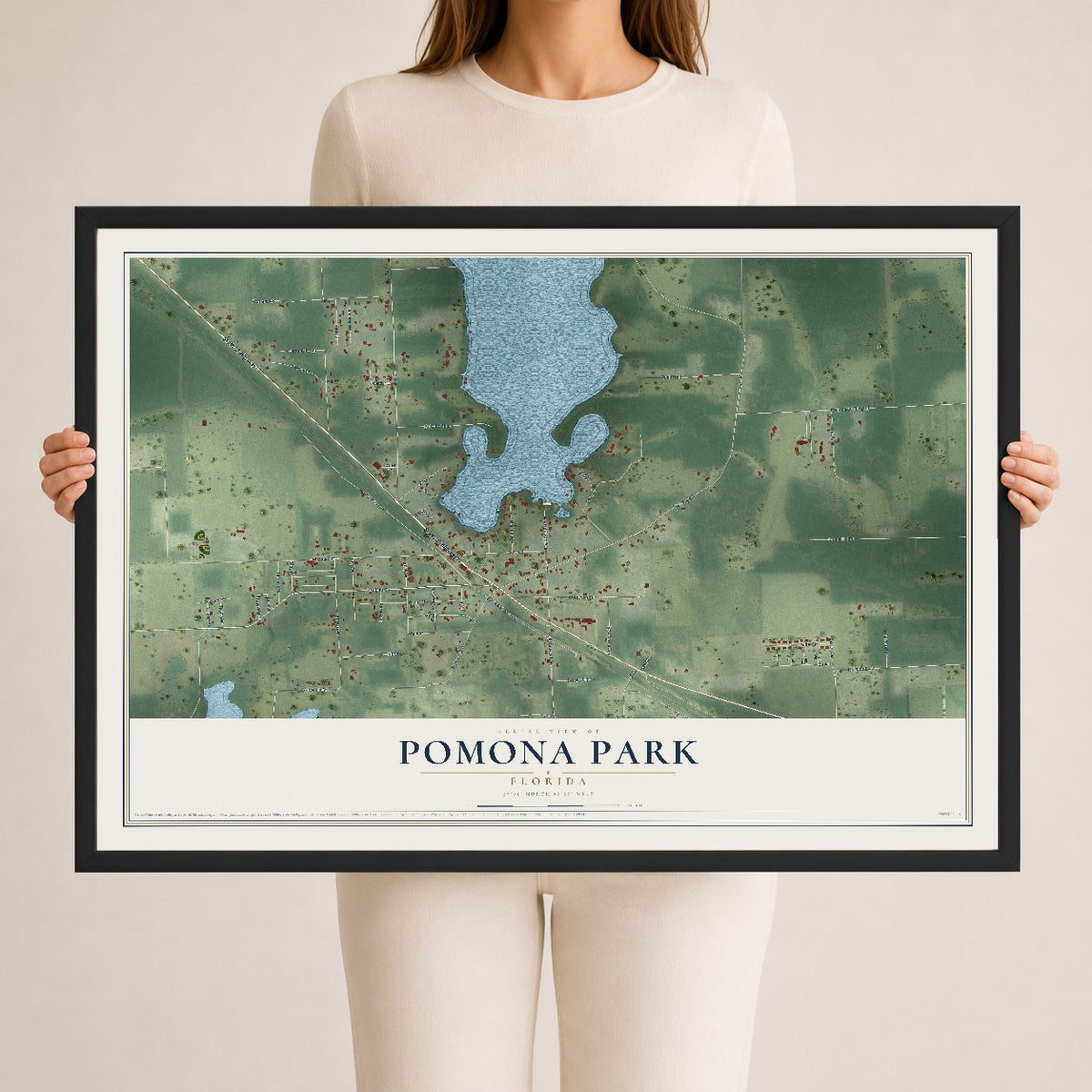 Pomona Park, Florida map print, 24" x 36" W/ Black Ayous Wood Frame mockup