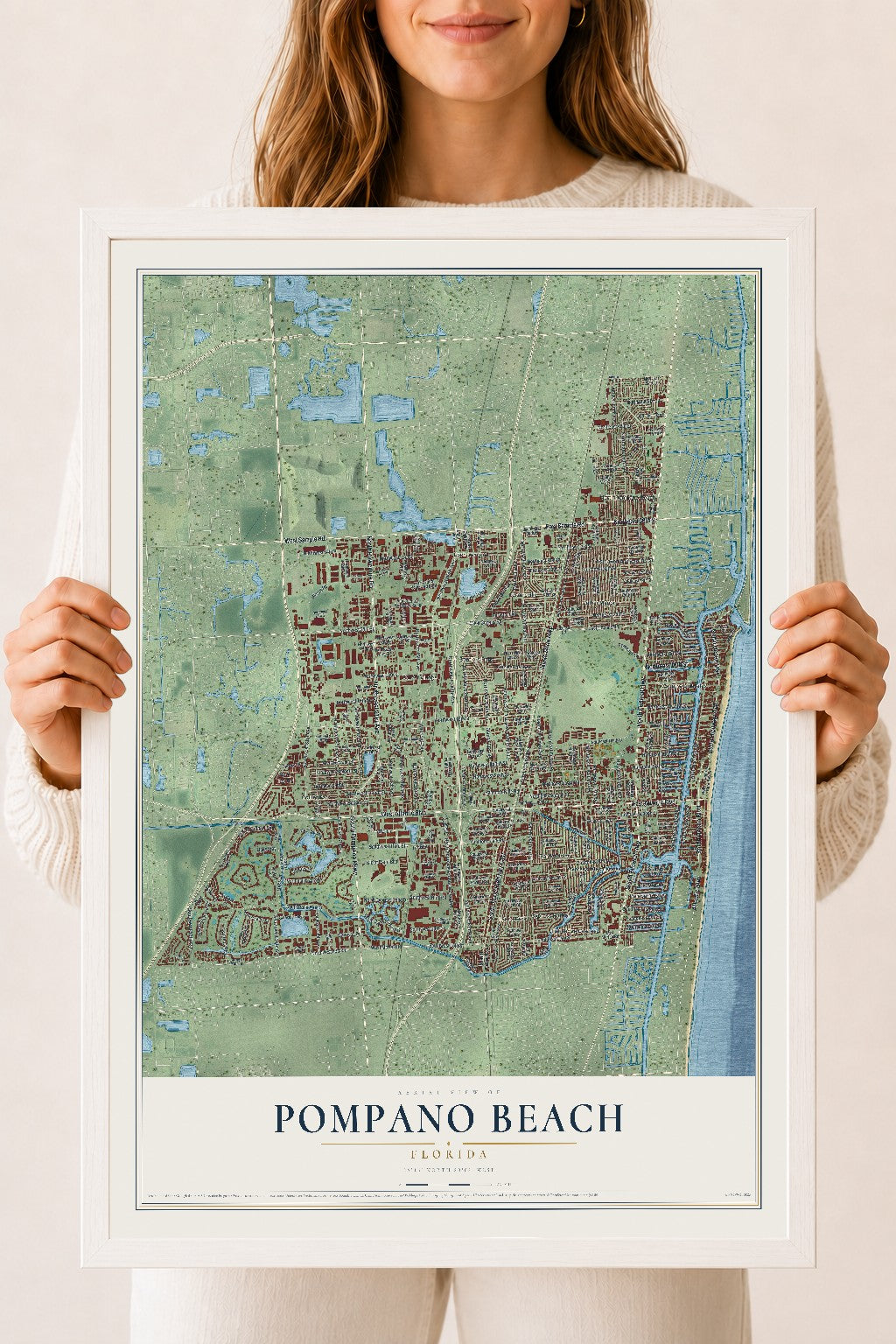 Pompano Beach, Florida map print, 18" x 24" W/ White Ayous Wood Frame mockup