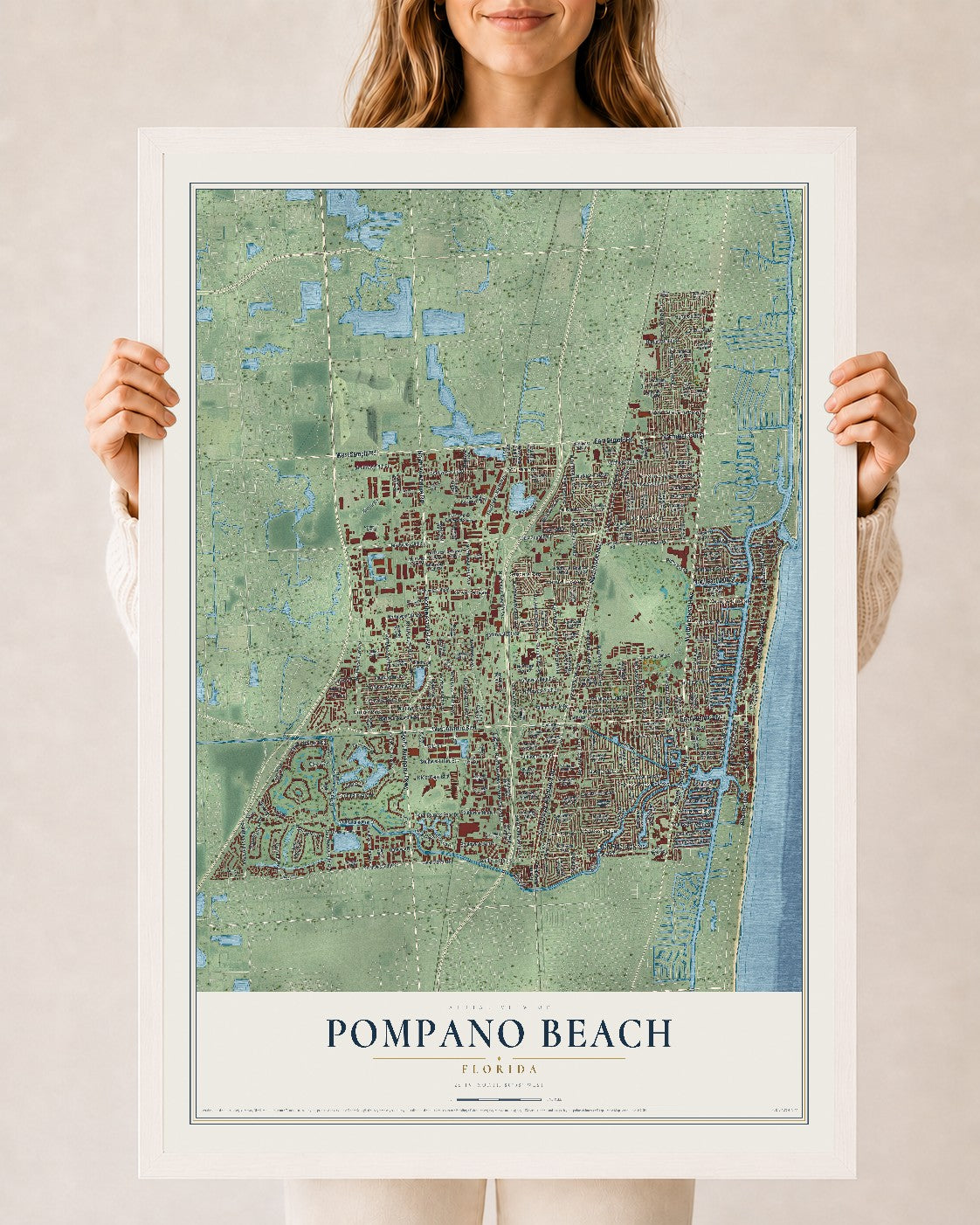 Pompano Beach, Florida map print, 24" x 36" W/ White Ayous Wood Frame mockup