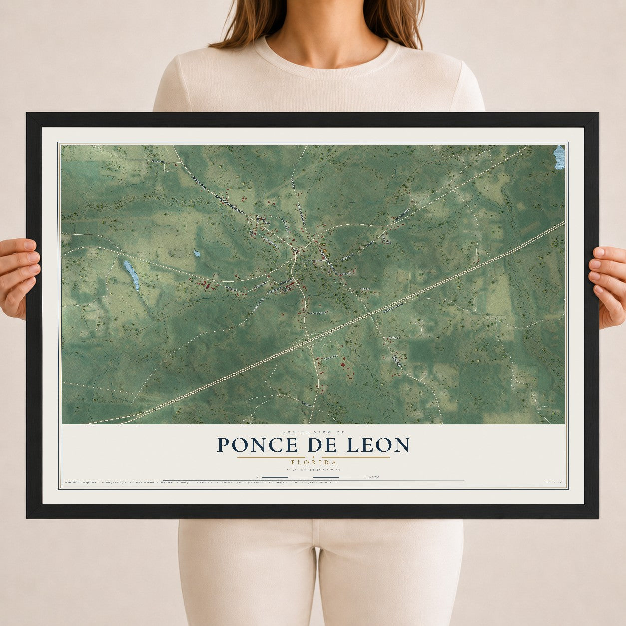 Ponce de Leon, Florida map print, 18" x 24" W/ Black Ayous Wood Frame mockup