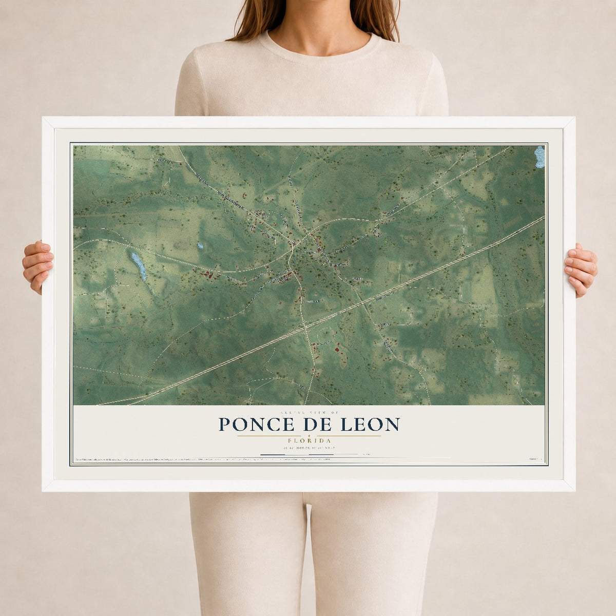 Ponce de Leon, Florida map print, 24" x 36" W/ White Ayous Wood Frame mockup