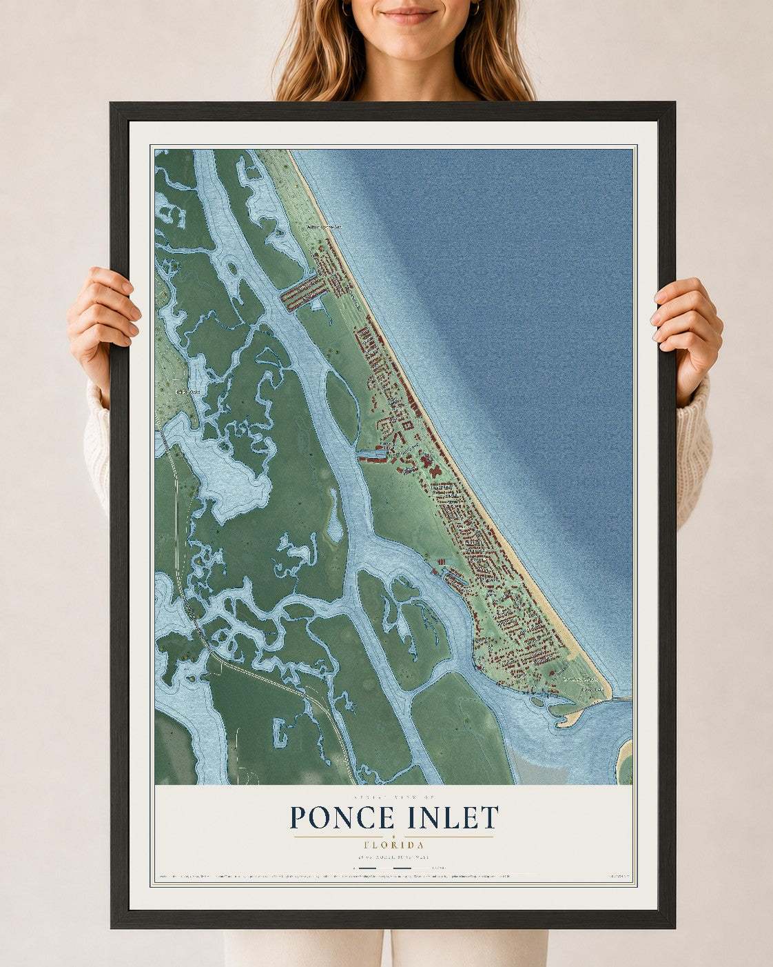 Ponce Inlet, Florida map print, 24" x 36" W/ Black Ayous Wood Frame mockup