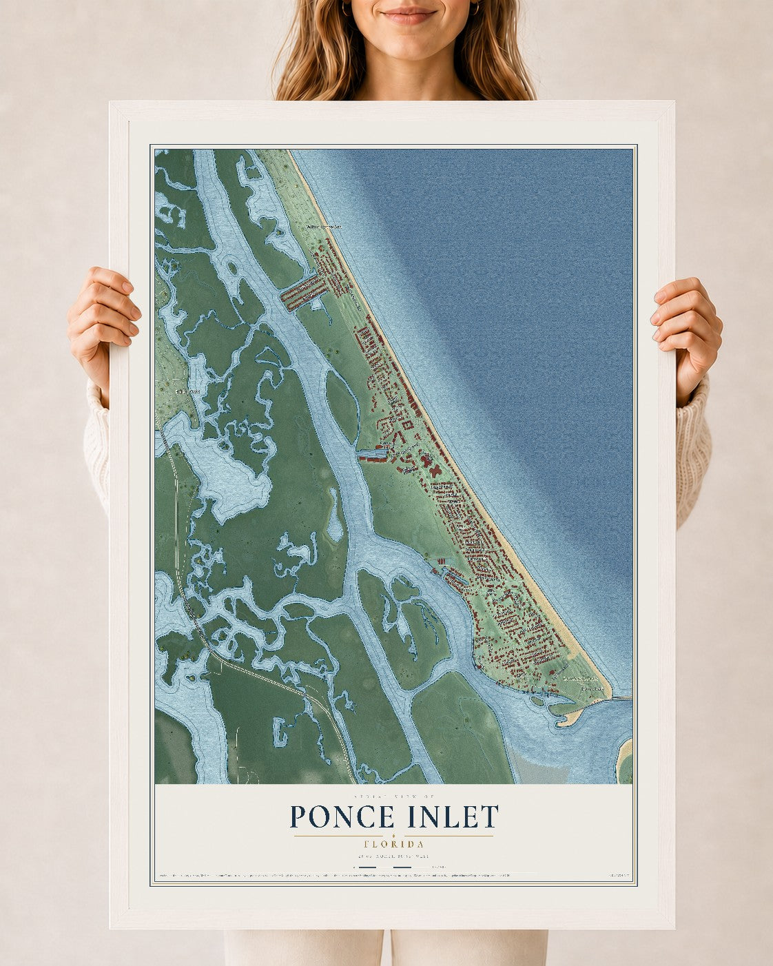 Ponce Inlet, Florida map print, 24" x 36" W/ White Ayous Wood Frame mockup