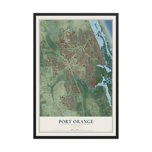 Map of Port Orange, Florida, 12 x 18 inch print in a black wood frame