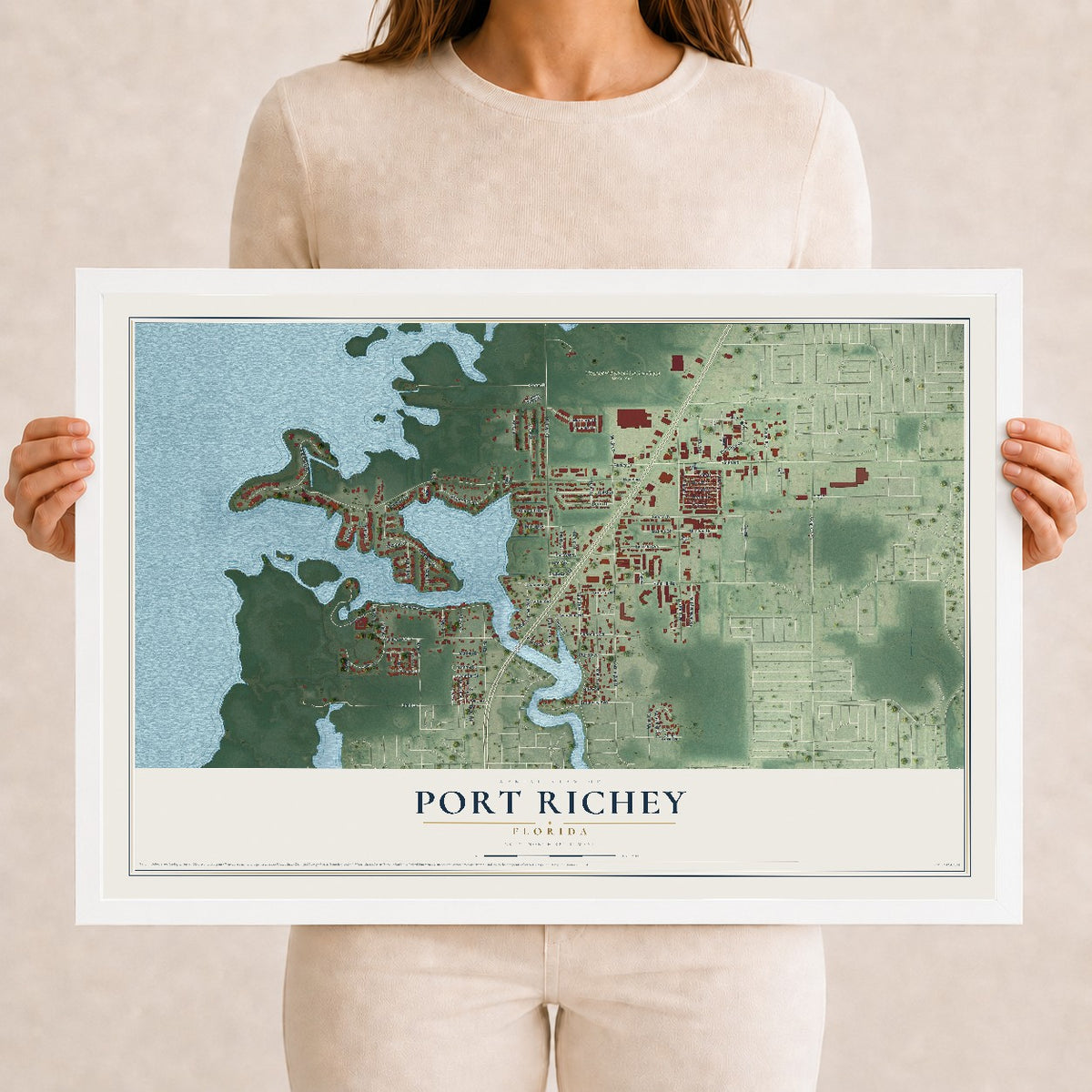 Port Richey, Florida map print, 12" x 18" W/ White Ayous Wood Frame mockup