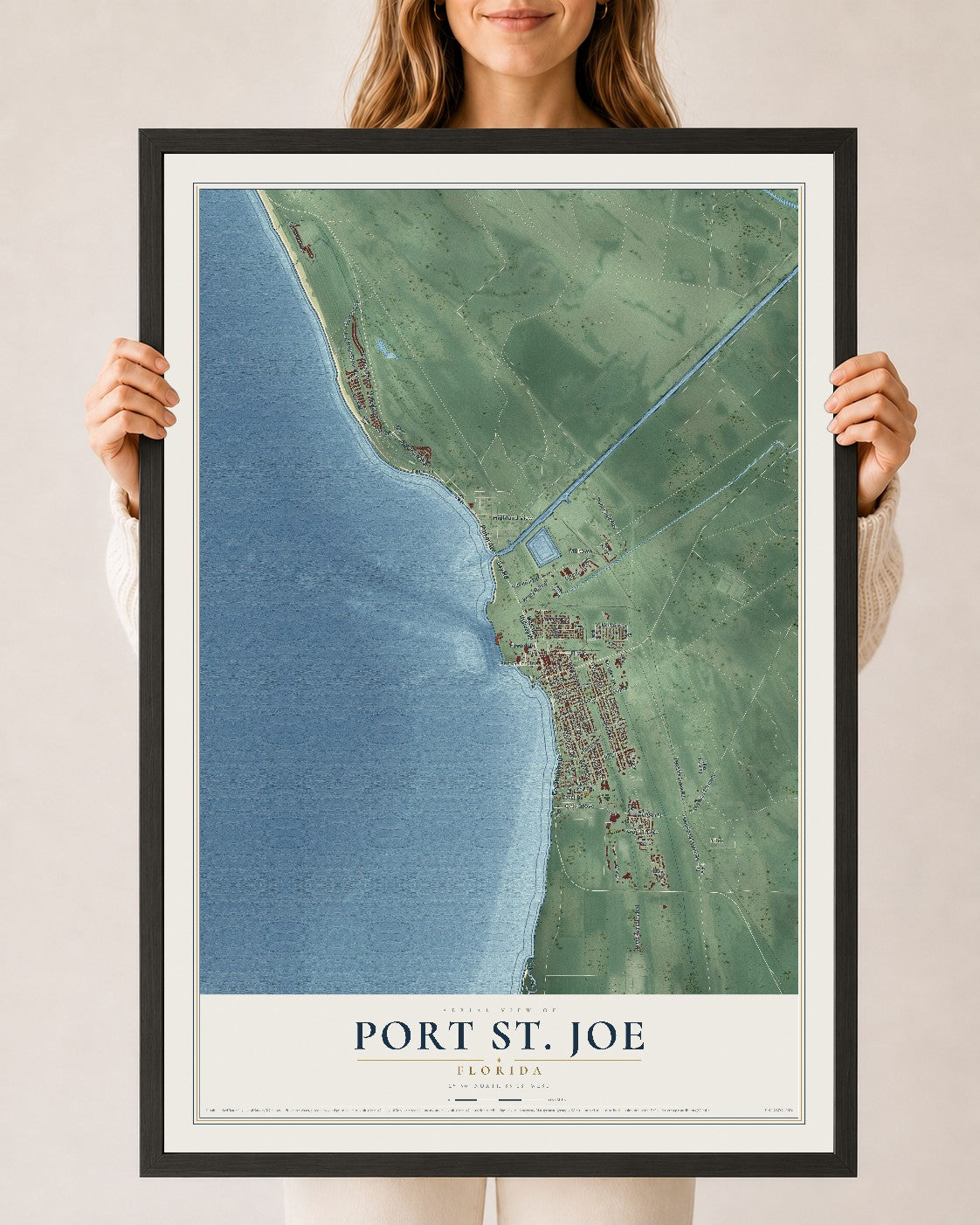Port St. Joe, Florida map print, 24" x 36" W/ Black Ayous Wood Frame mockup