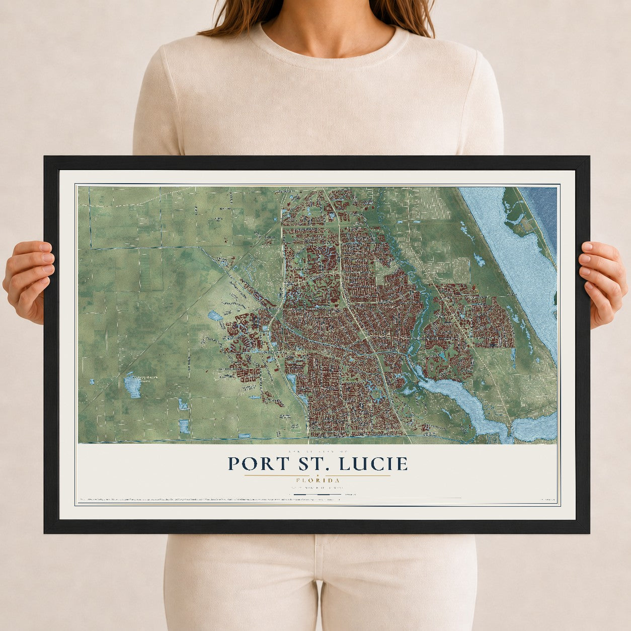 Port St. Lucie, Florida map print, 12" x 18" W/ Black Ayous Wood Frame mockup