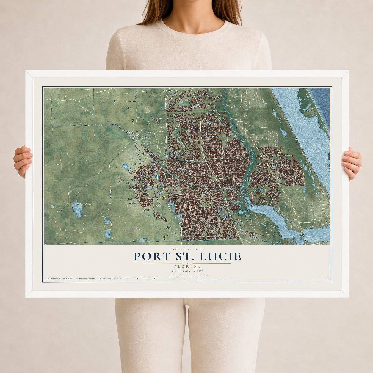 Port St. Lucie, Florida map print, 24" x 36" W/ White Ayous Wood Frame mockup